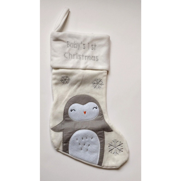 Woollen Christmas Stocking 16" Penguin White Soft Cuff "Baby's 1st Christmas" - Picture 1 of 5